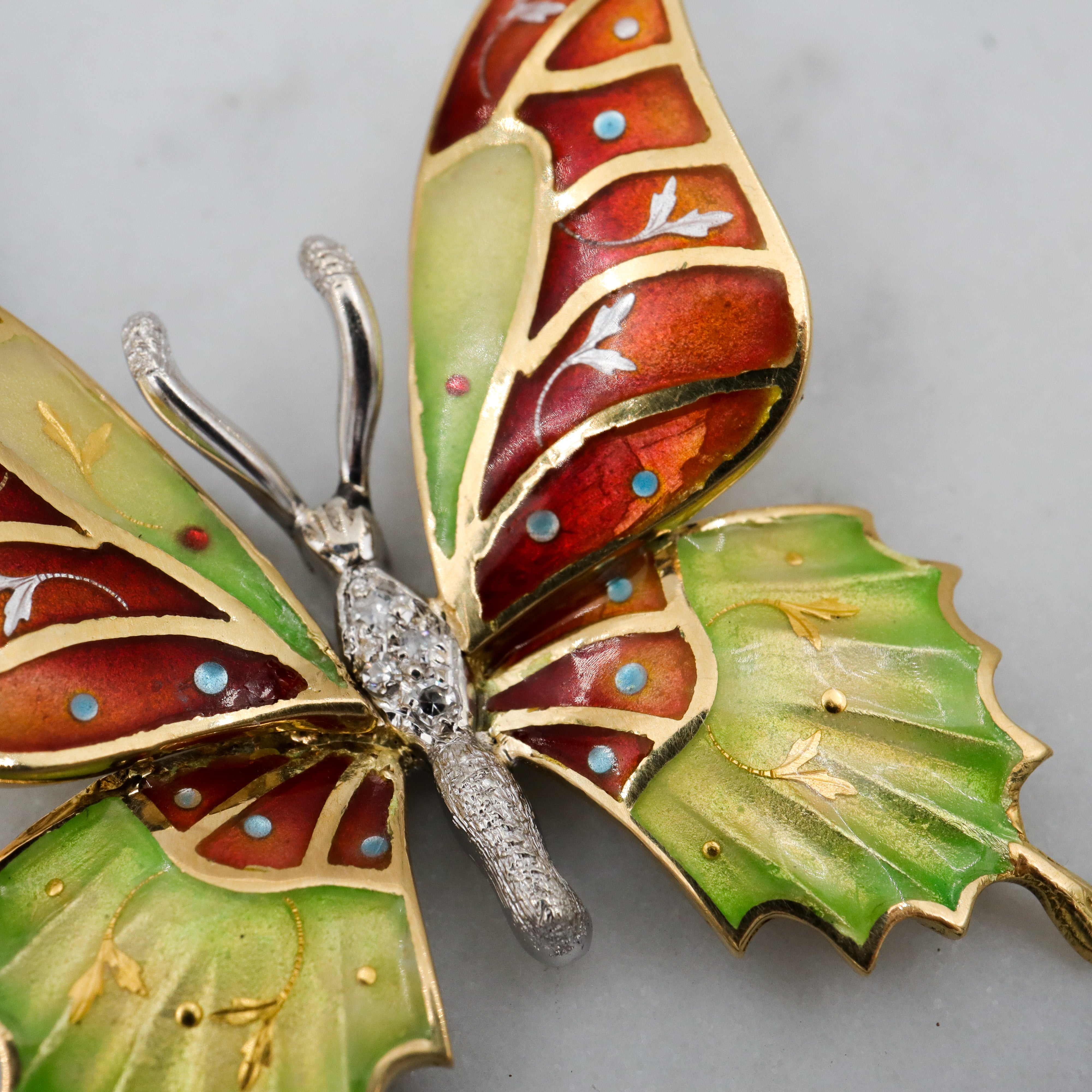 Antique 14k gold enamel & diamond butterfly pendant necklace
